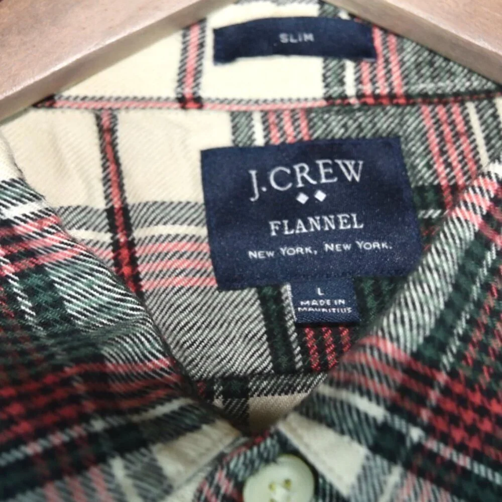 J. CREW Men's Slim Fit Flannel Shirt Sz L Ivory Green Plaid Grunge Hipster Soft